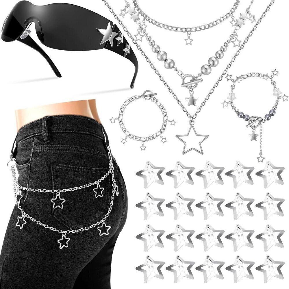 Y2K Silver Jewelry Set Necklace Bracelets Sunglasses Barrettes for Women